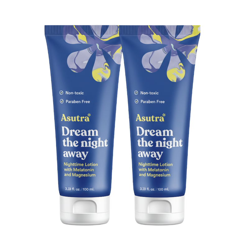 Two tubes of Asutra Dream the Night Away lotion, featuring melatonin and magnesium, in a limited time offer pack.