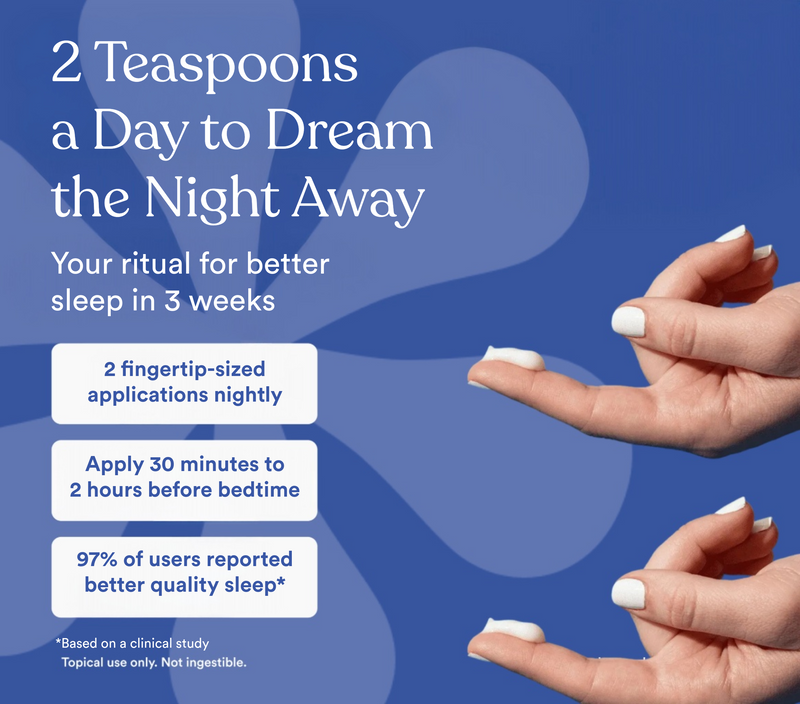 Hands applying Dream the Night Away Magnesium & Melatonin Nighttime Lotion, promoting better sleep with key usage instructions.