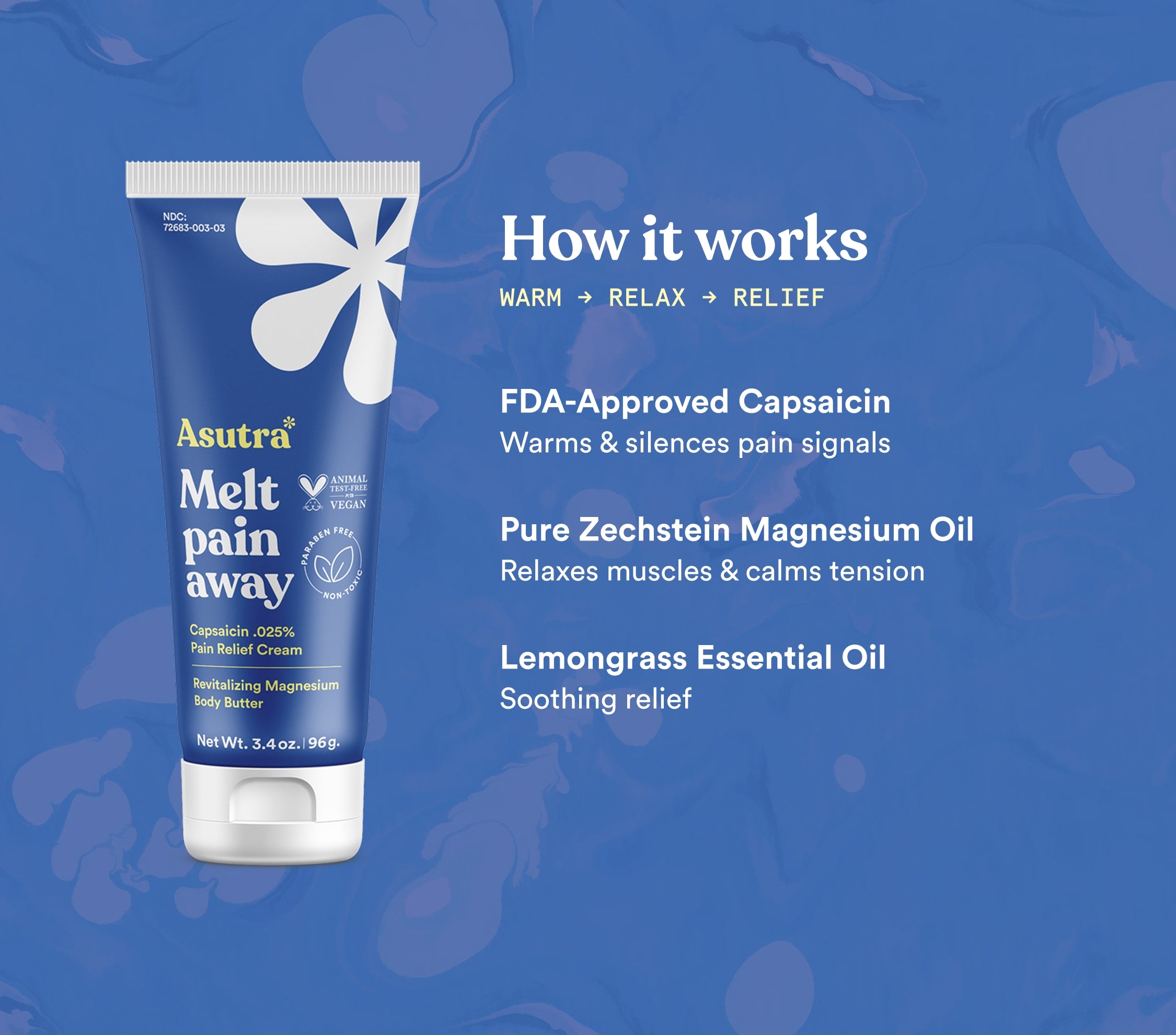 Asutra Melt Pain Away cream with capsaicin, magnesium oil, and lemongrass oil for soothing pain relief and relaxation.