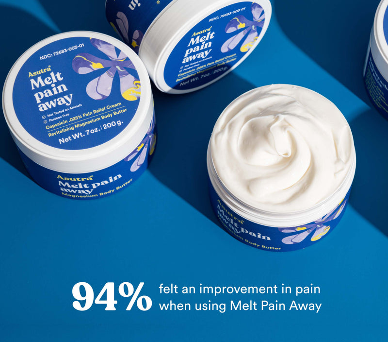 Melt Pain Away Body Butter jars on a blue background, highlighting its soothing properties for pain relief.
