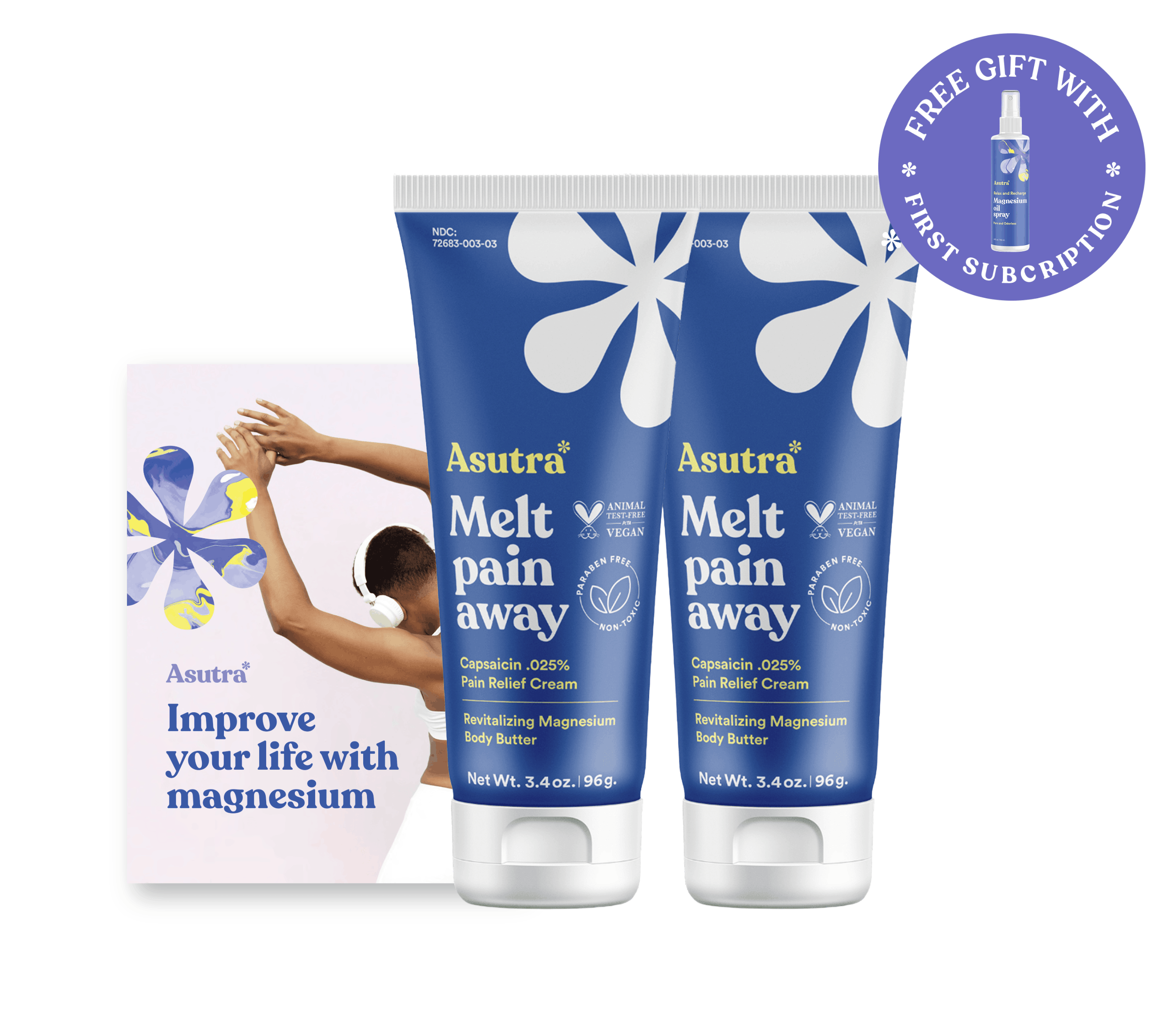 Asutra Magnesium & Capsaicin Pain Treatment Balm duo with a promotional card for a free gift with subscription.