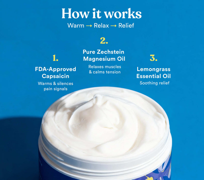 Melt Pain Away Body Butter with magnesium oil, capsicum, and lemongrass for muscle relaxation and soothing relief.