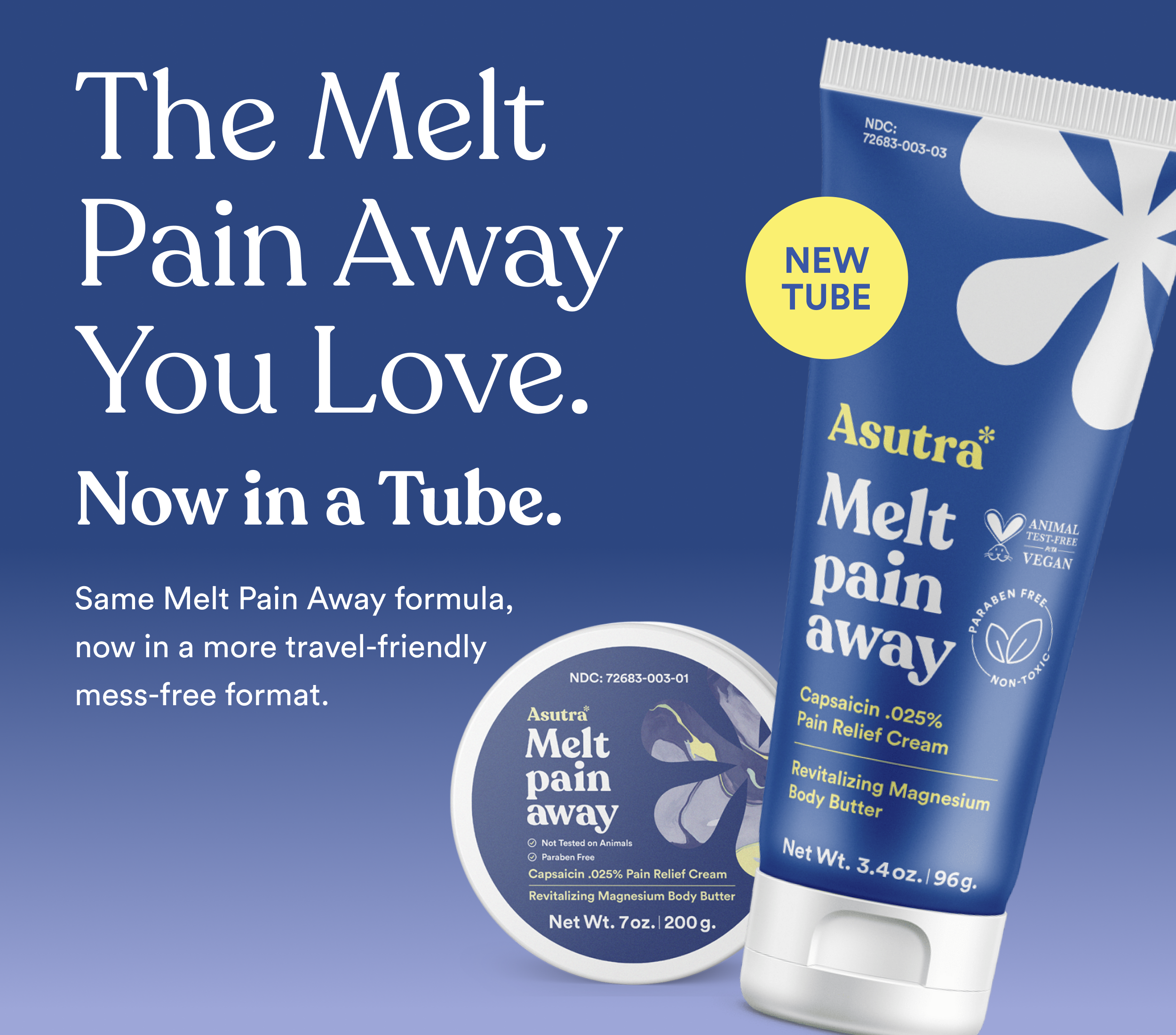 Asutra Deep Rest Power Couple features Melt Pain Away cream in a tube for convenient, mess-free application.