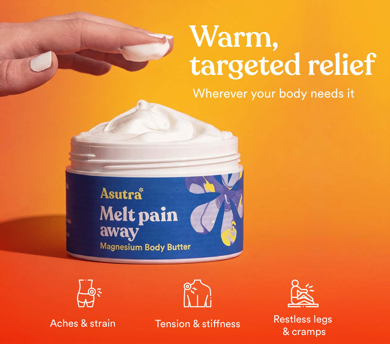 Melt Pain Away Body Butter in a jar with a hand applying the cream, promoting relief from aches and tension.