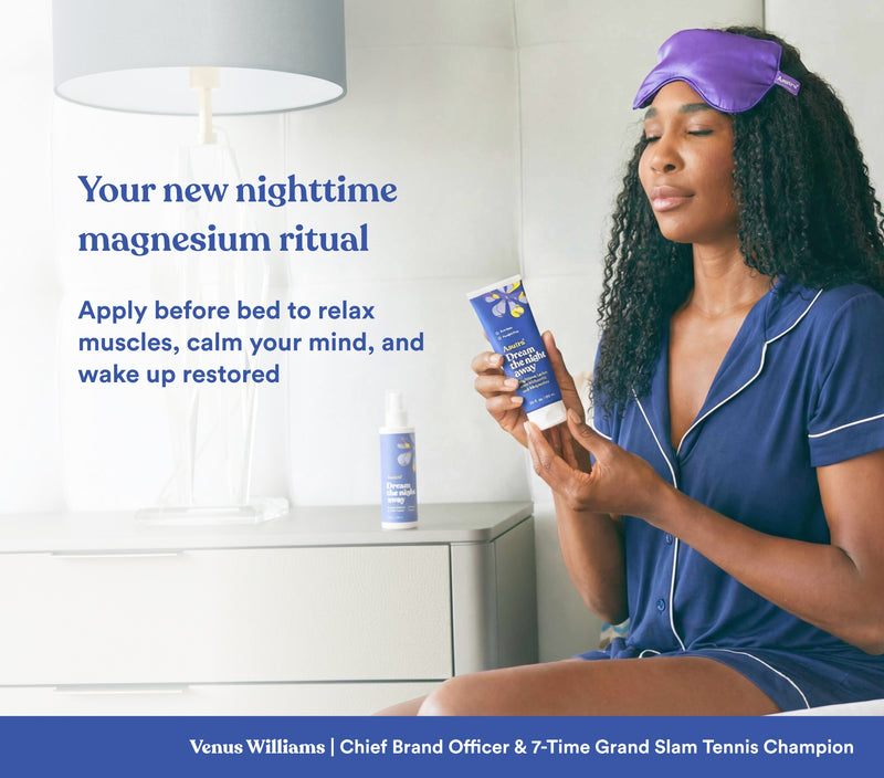 A woman in sleepwear applies magnesium cream while wearing a sleep mask, promoting relaxation and better sleep.