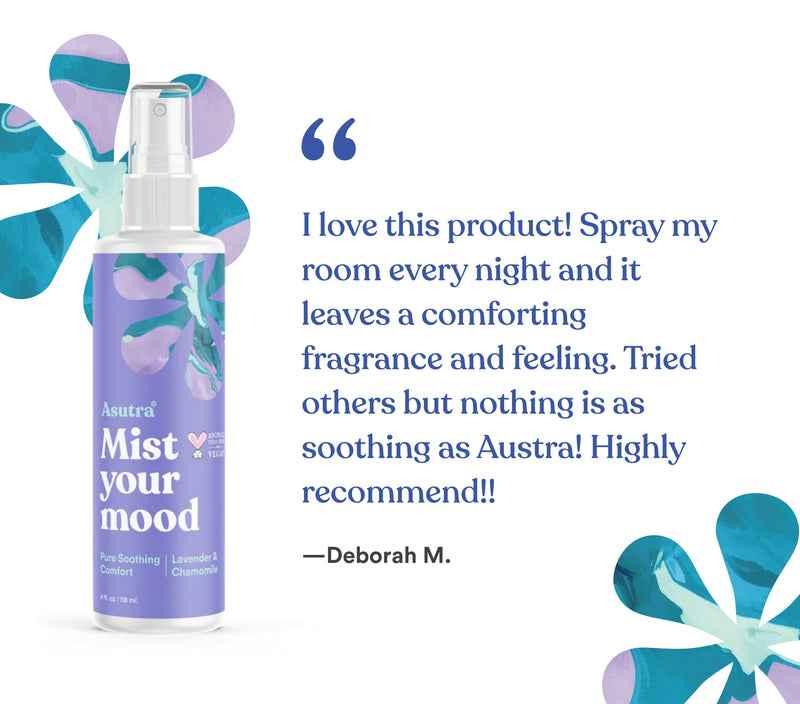 A spray bottle of Asutra's Deep Sleep Ritual with a calming lavender and chamomile scent, promoting restful sleep.