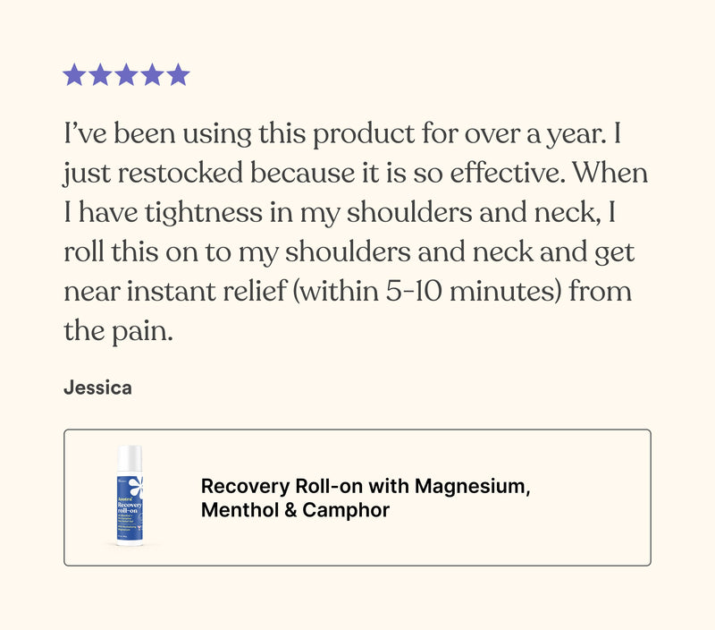 User review highlighting the effectiveness of a magnesium-based roll-on for relieving shoulder and neck pain.
