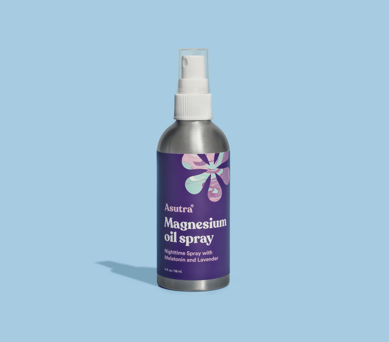 Aluminum spray bottle of Asutra Magnesium Oil Spray with Melatonin and Lavender, labeled as a nighttime spray for relaxation.