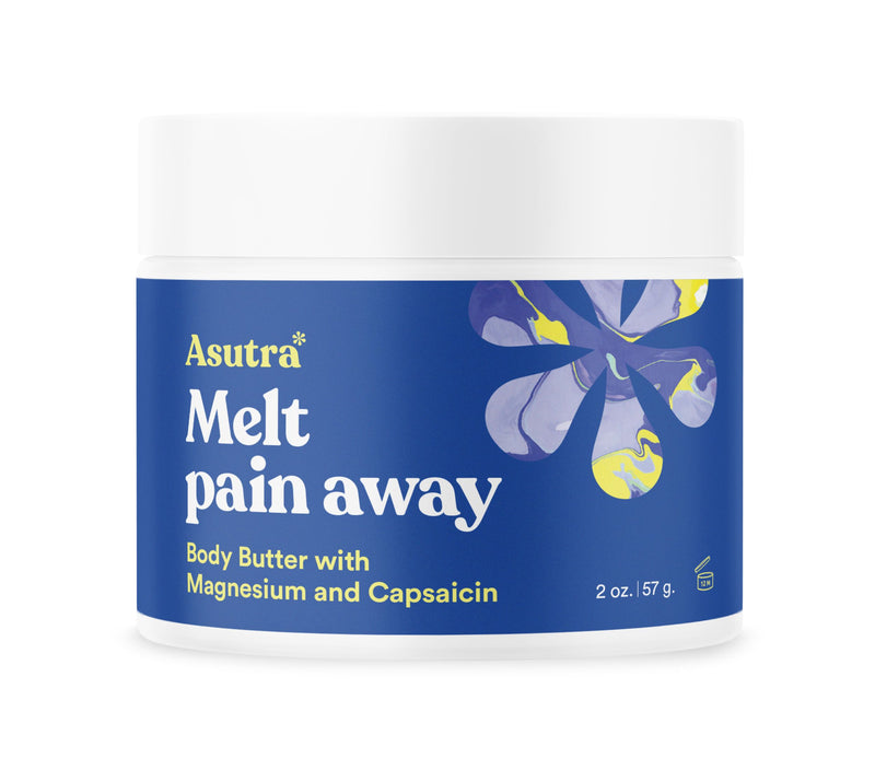 A 2 oz jar of Asutra Melt Pain Away Body Butter with magnesium and capsaicin, featuring a blue label with purple and yellow flower design.