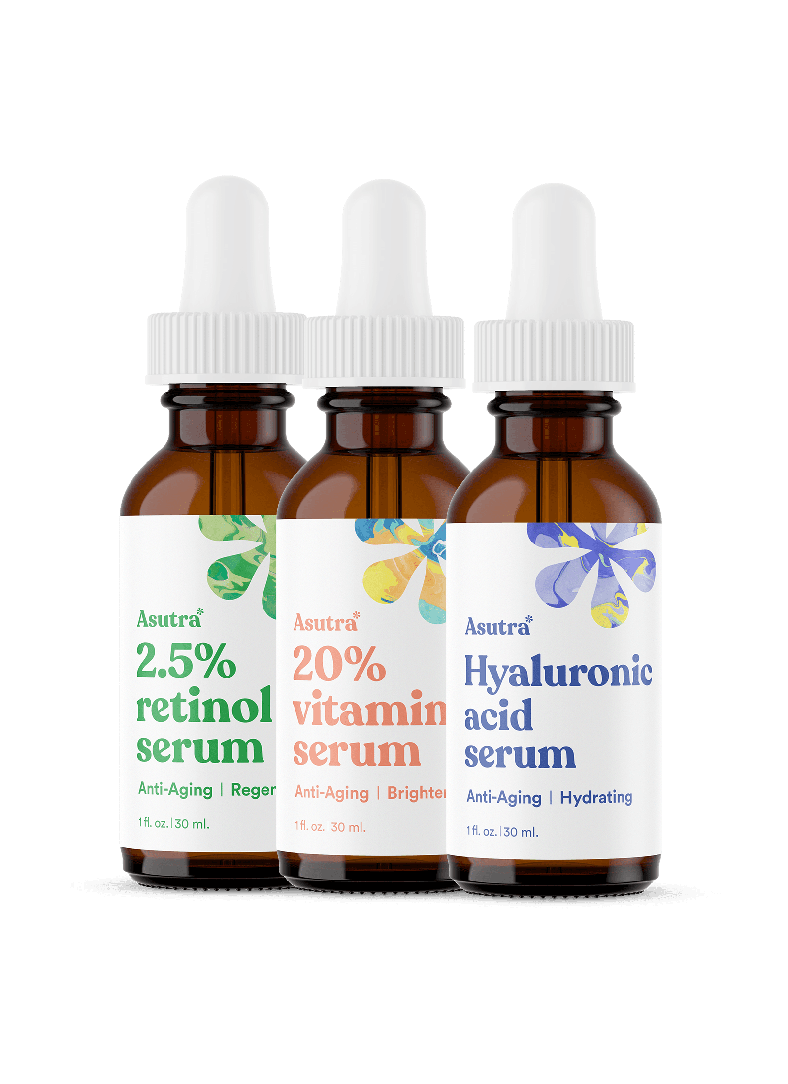 Three bottles of Asutra serums: 2.5% retinol serum, 20% vitamin C serum, and hyaluronic acid serum, for anti-aging and hydration.