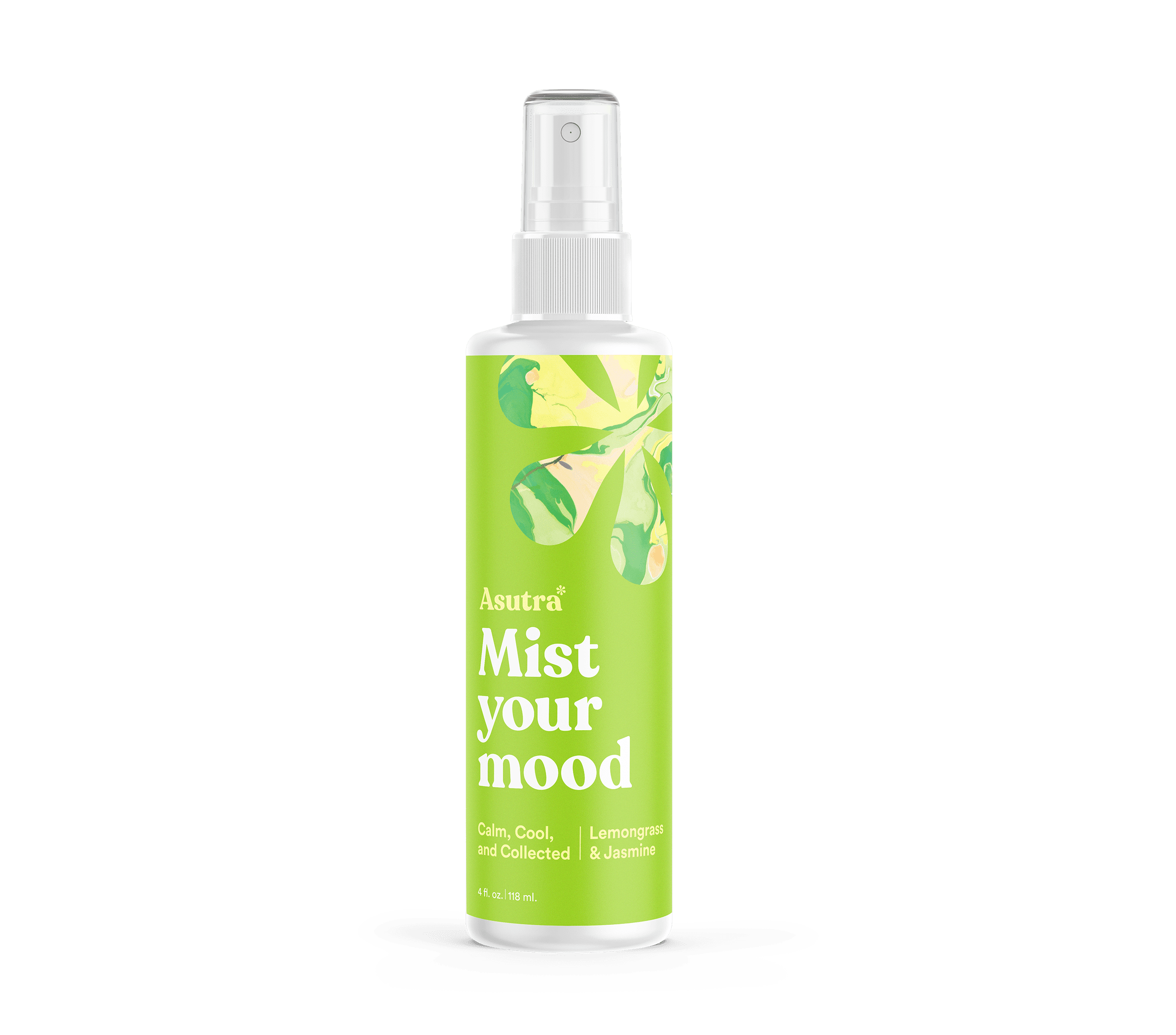 A white spray bottle labeled "Calm, Cool, and Collected Aromatherapy Mist" with green and yellow botanical design, featuring lemongrass and jasmine scents.