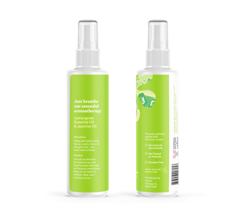 Bottles of Calm, Cool, and Collected Aromatherapy Mist with green labels, spray tops, and directions for use.