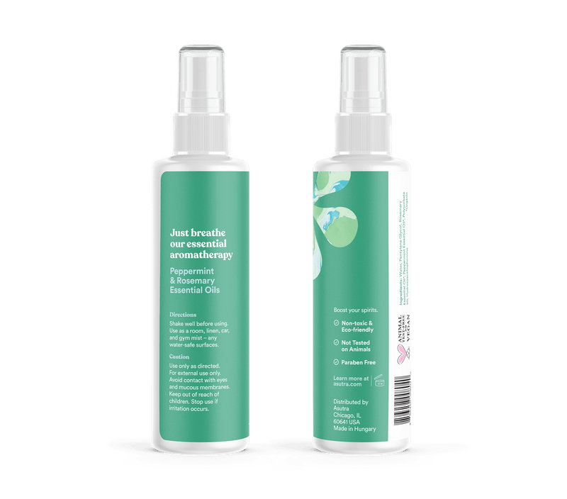 Bottle of Peppermint Room & Body Aromatherapy Mist with a green label, spray nozzle, and instructions for use.