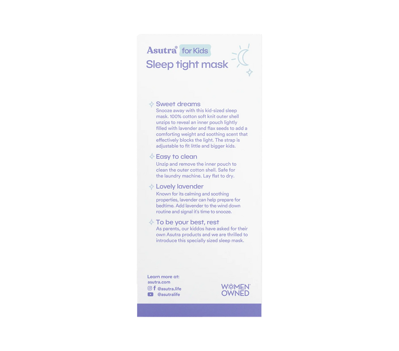 A white tag with purple text and icons, describing a kids lavender sleep mask, its features, and care instructions.