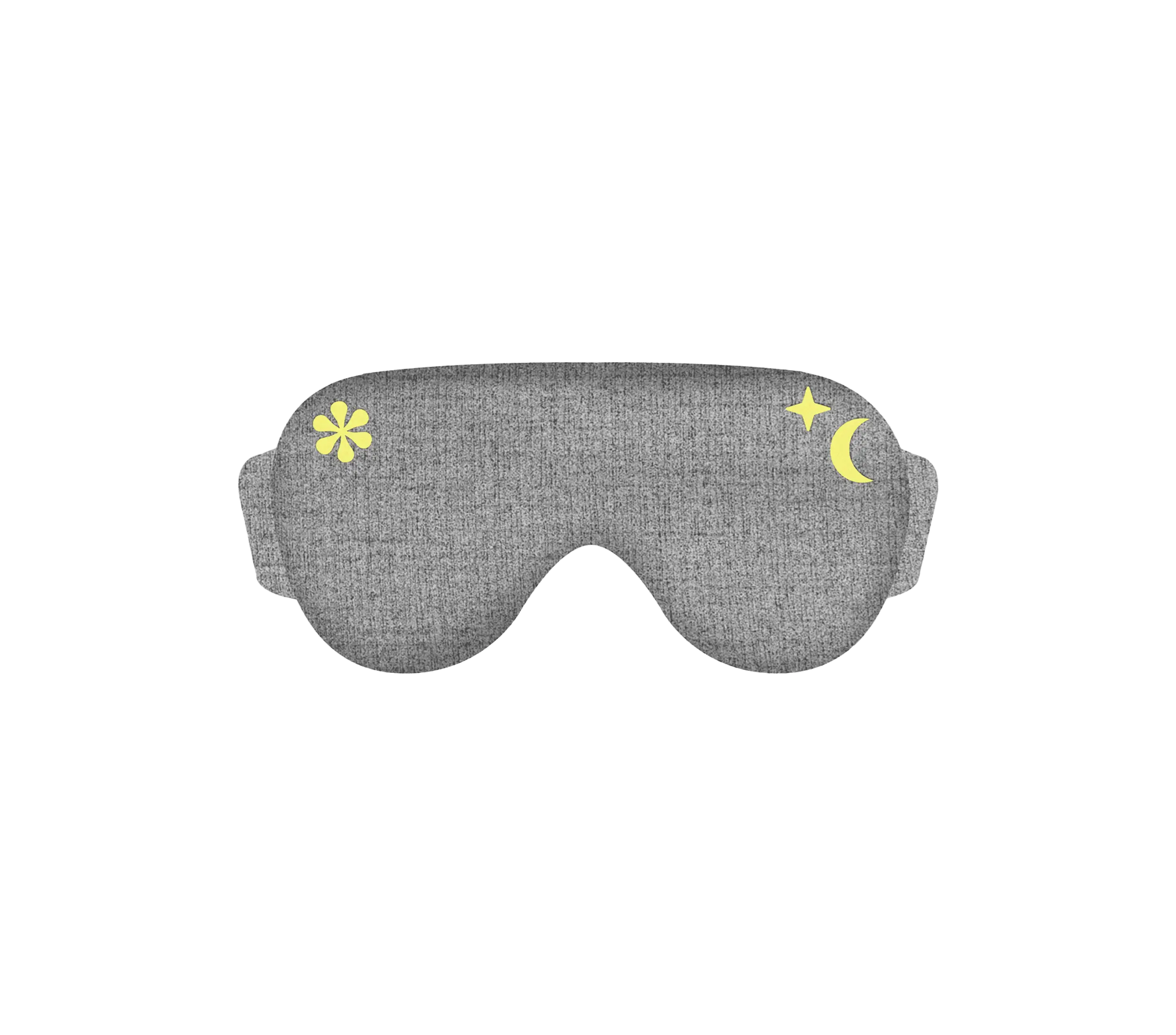 Gray kids sleep mask with yellow moon, star, and flower designs, designed for comfortable sleep and relaxation.