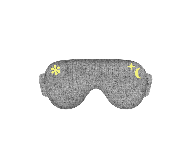 Gray kids sleep mask with yellow moon, star, and flower designs, designed for comfortable sleep and relaxation.