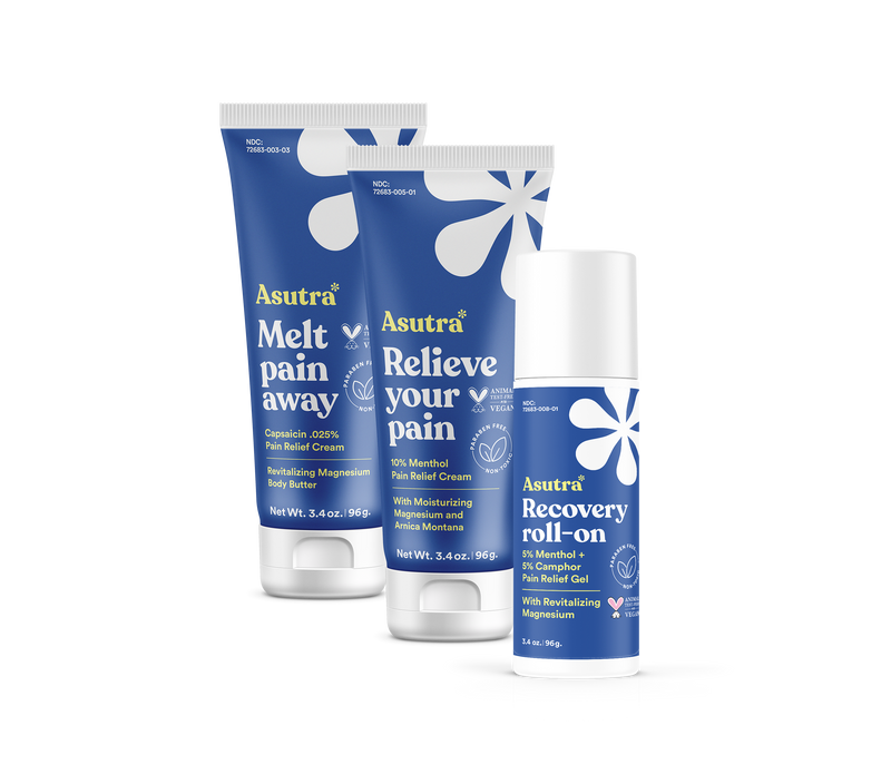 Asutra All Day Pain Relief Bundle featuring pain relief cream, moisturizing cream, and recovery roll-on for effective relief.