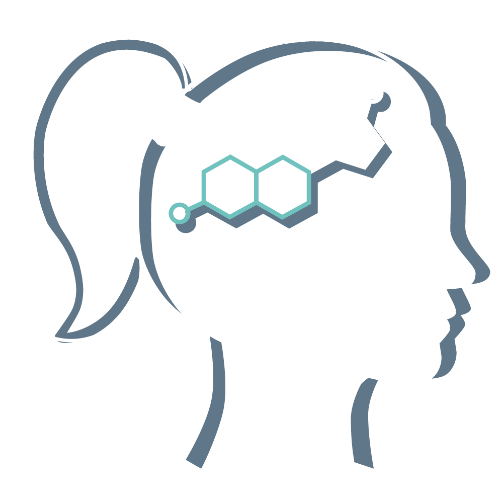 Icon of a woman's head with a hormone outline in the brain area.