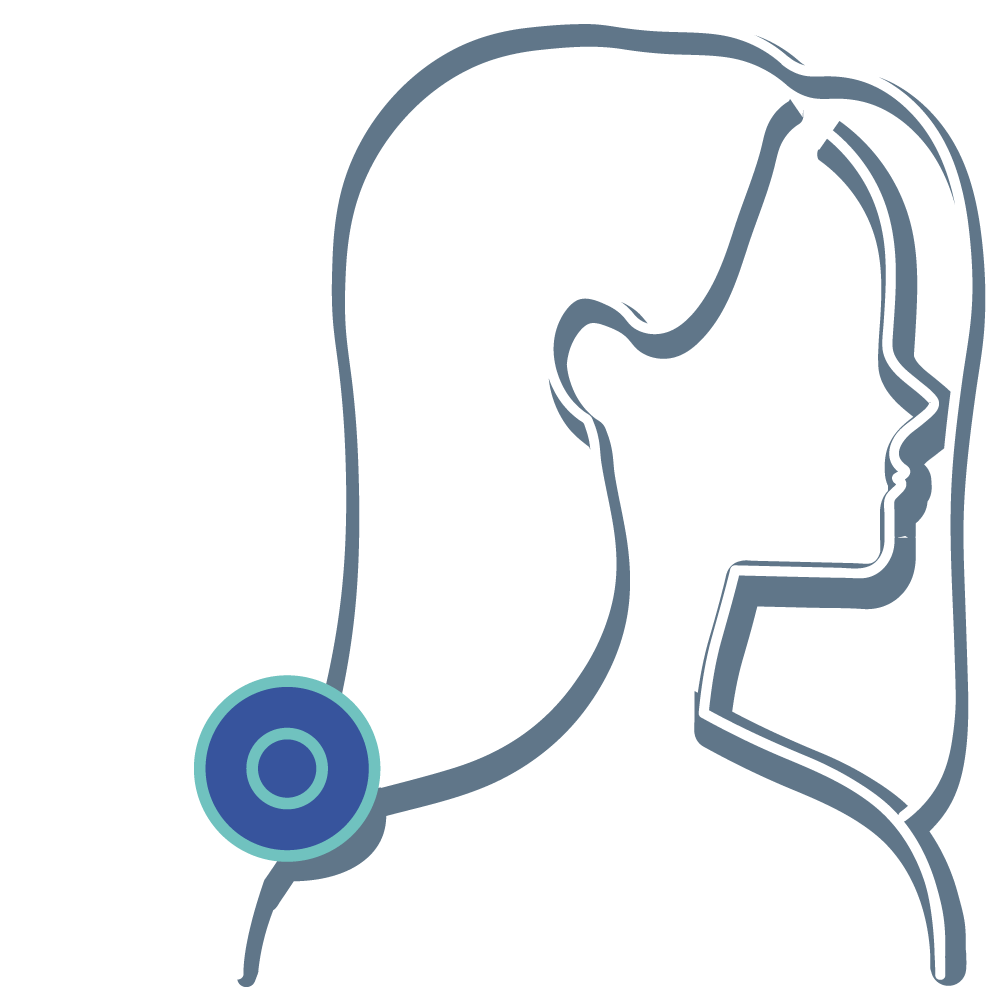 Outline of a woman's head and shoulders with indicating pain in the neck area of the icon.