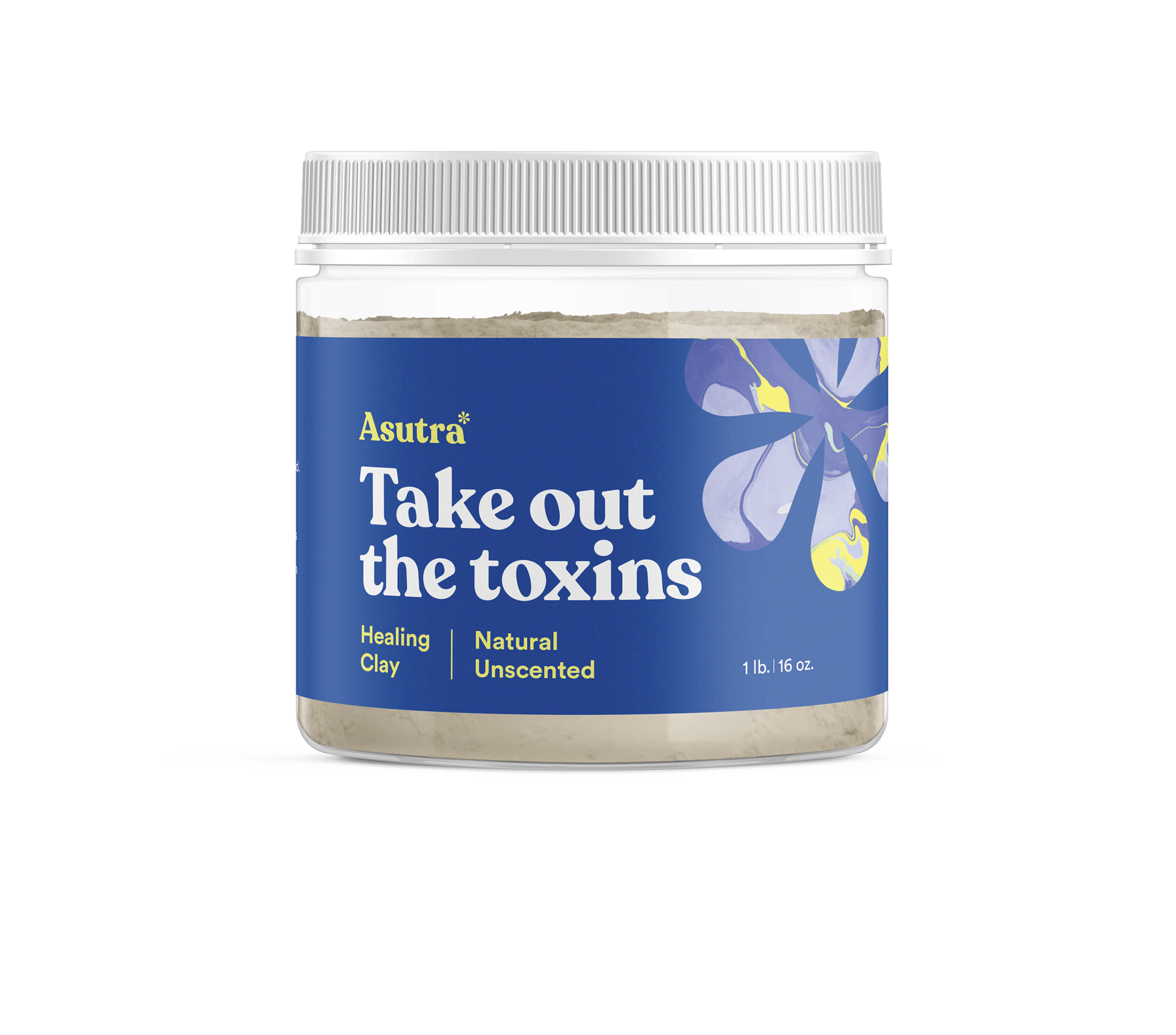 Jar of Asutra Bentonite Clay, a natural, unscented healing clay used to detoxify and remove toxins from the body.