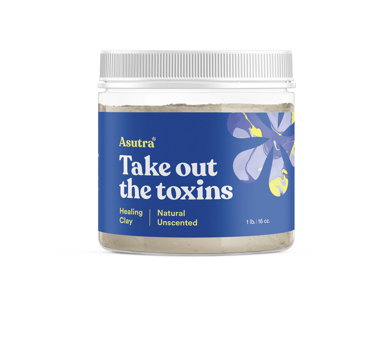 Jar of Asutra Bentonite Clay, a natural, unscented healing clay used to detoxify and remove toxins from the body.