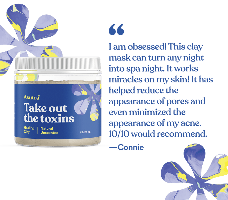 A jar of Asutra Bentonite Clay with a blue label and floral design, alongside a customer testimonial about its skin benefits.
