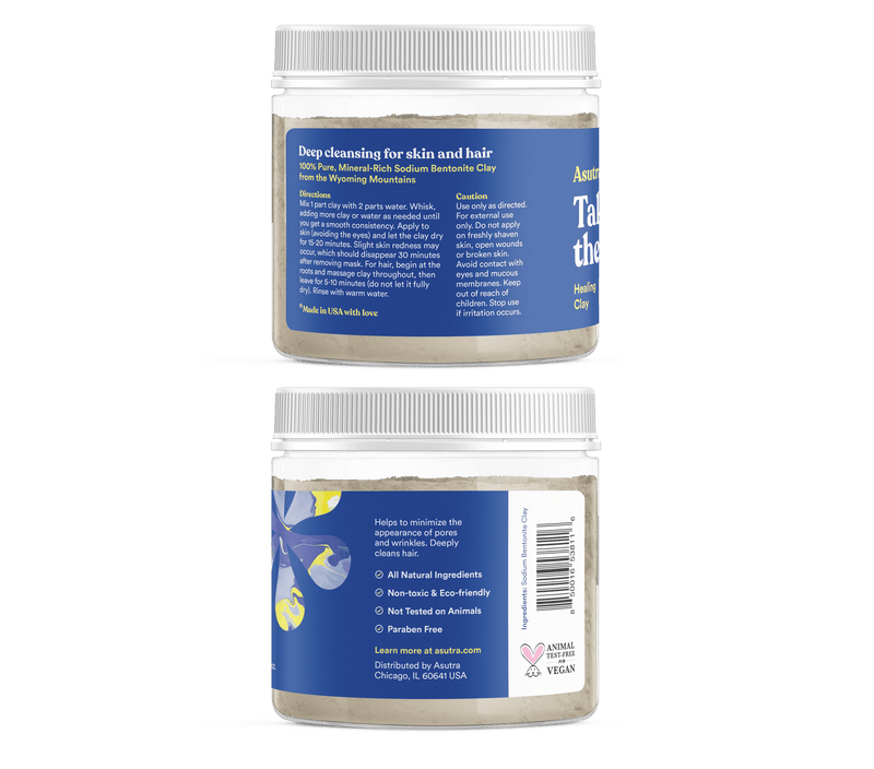 Jar of bentonite clay powder with a blue label, highlighting its natural, non-toxic, vegan, and skin-purifying properties.