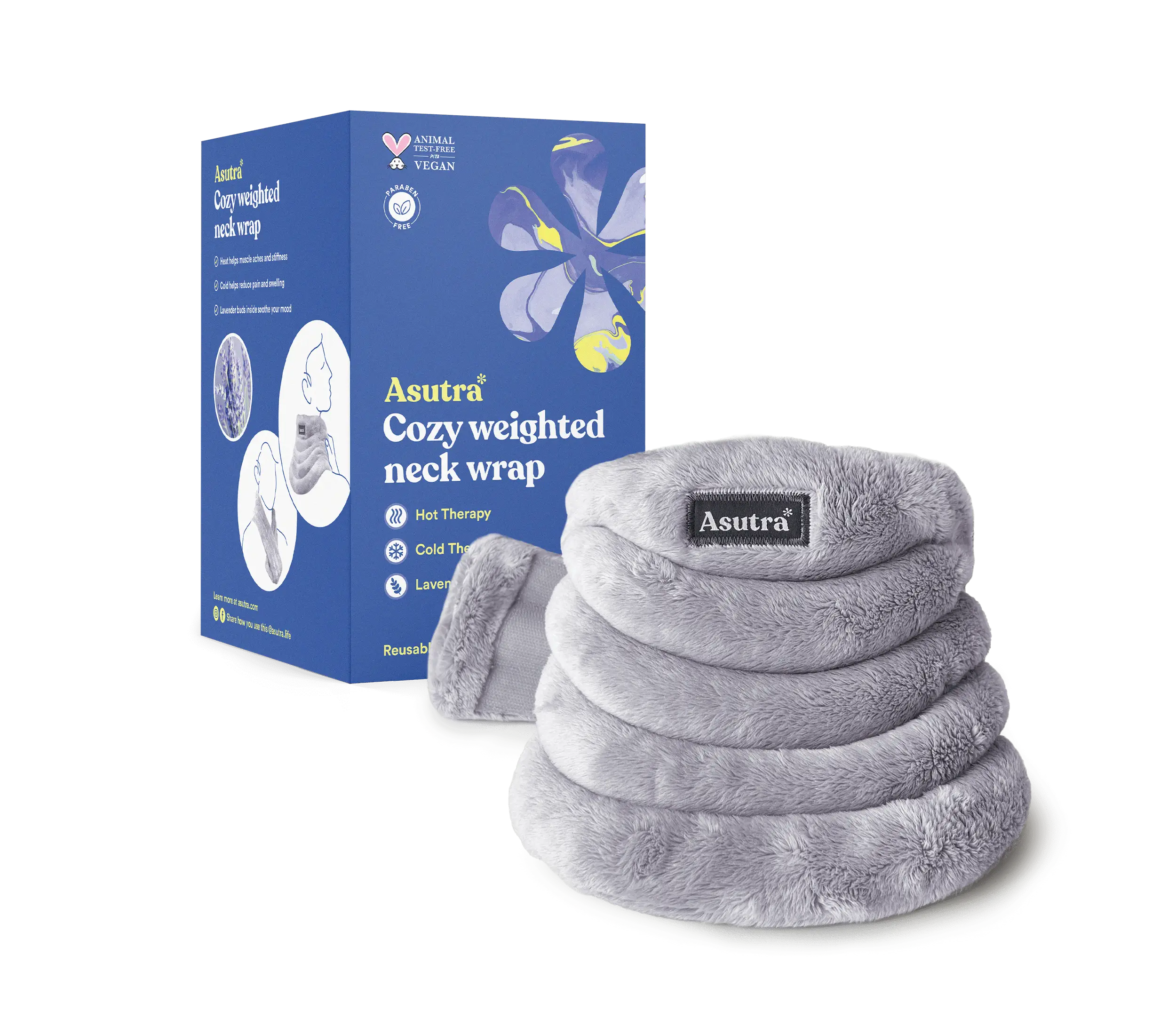 Soft gray plush weighted neck wrap with a black Asutra label, designed for hot or cold therapy, placed next to its blue packaging box.
