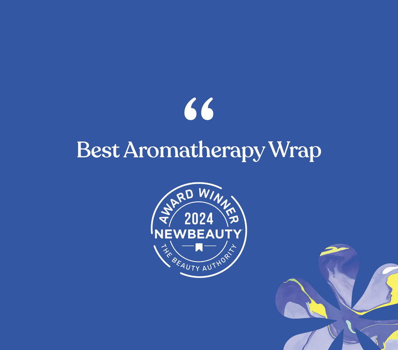 Blue background with white text and badge, promoting the Cozy Weighted Neck Wrap as the best aromatherapy wrap, award winner 2024.