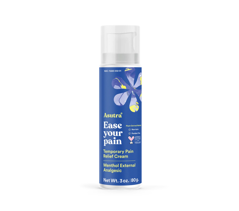 A blue and white bottle of Asutra Menthol & Arnica Pain Relief Gel with a pump dispenser, labeled as a temporary pain relief cream.