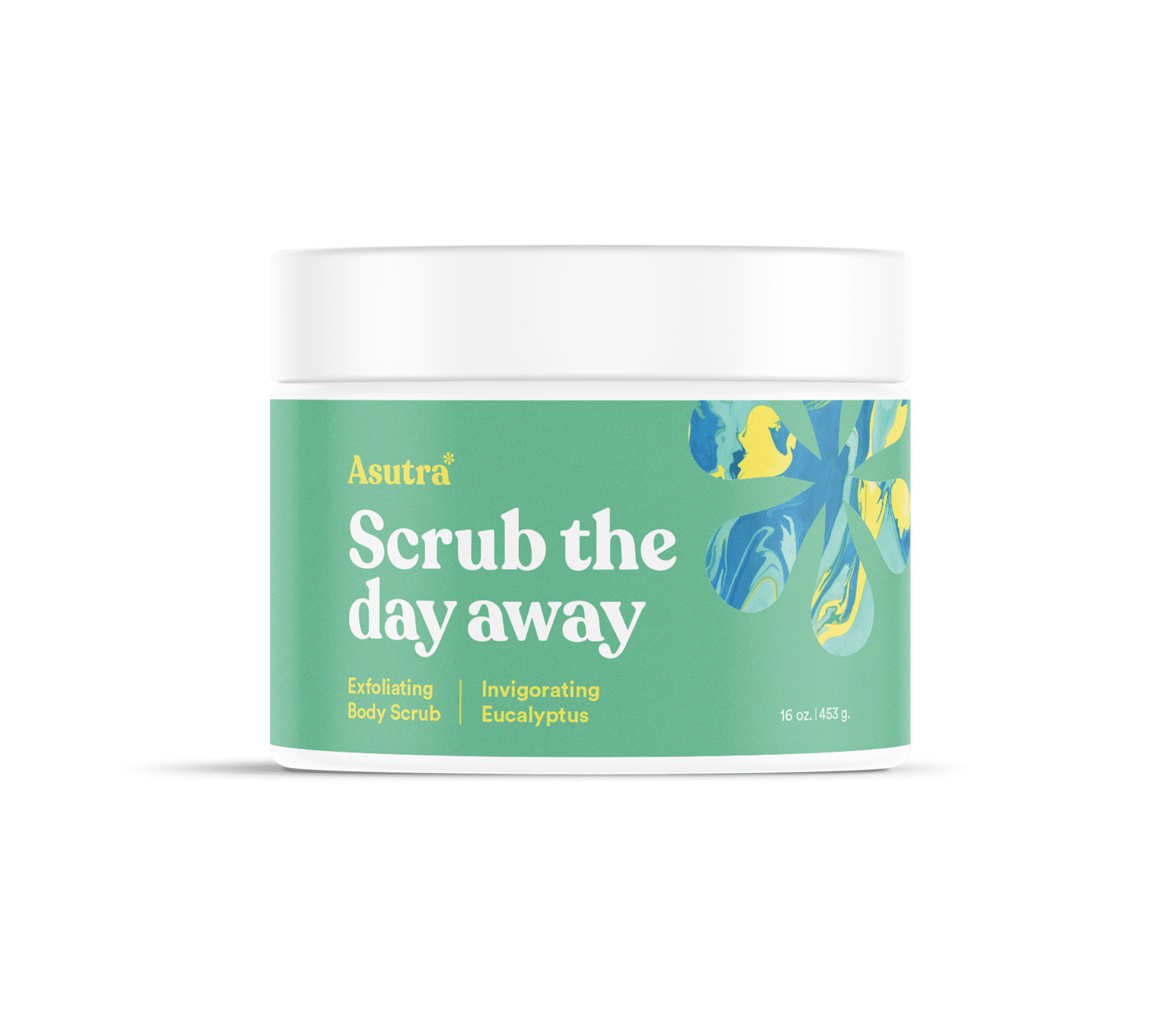 A green jar of Asutra Invigorating Eucalyptus Body Scrub with a white lid, featuring a colorful abstract eucalyptus leaf design.