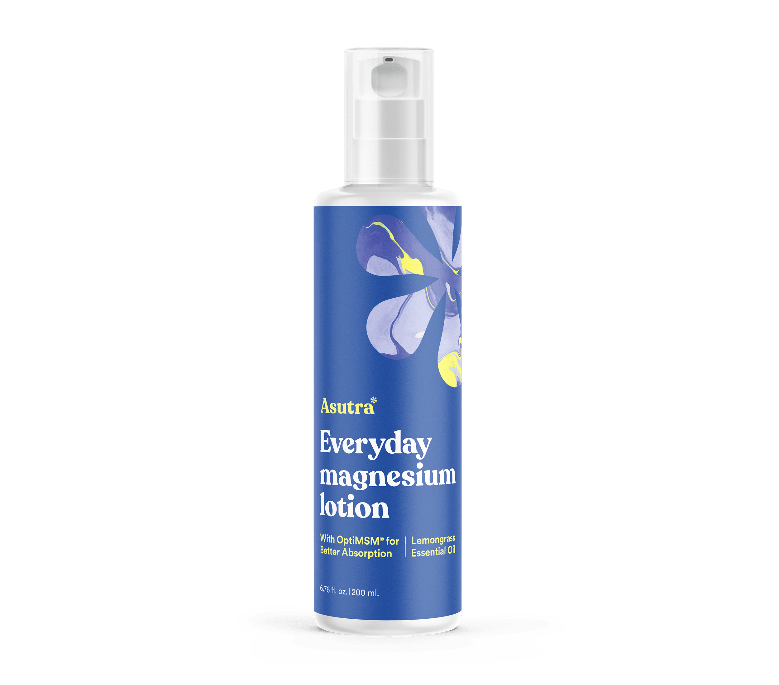 A 200ml blue bottle of Asutra Everyday Magnesium Lotion with a white pump, featuring a floral design and product details.