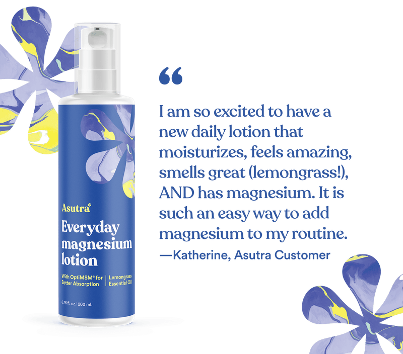 Blue bottle of Asutra Everyday Magnesium Lotion with floral design, alongside a customer testimonial about its moisturizing and magnesium benefits.