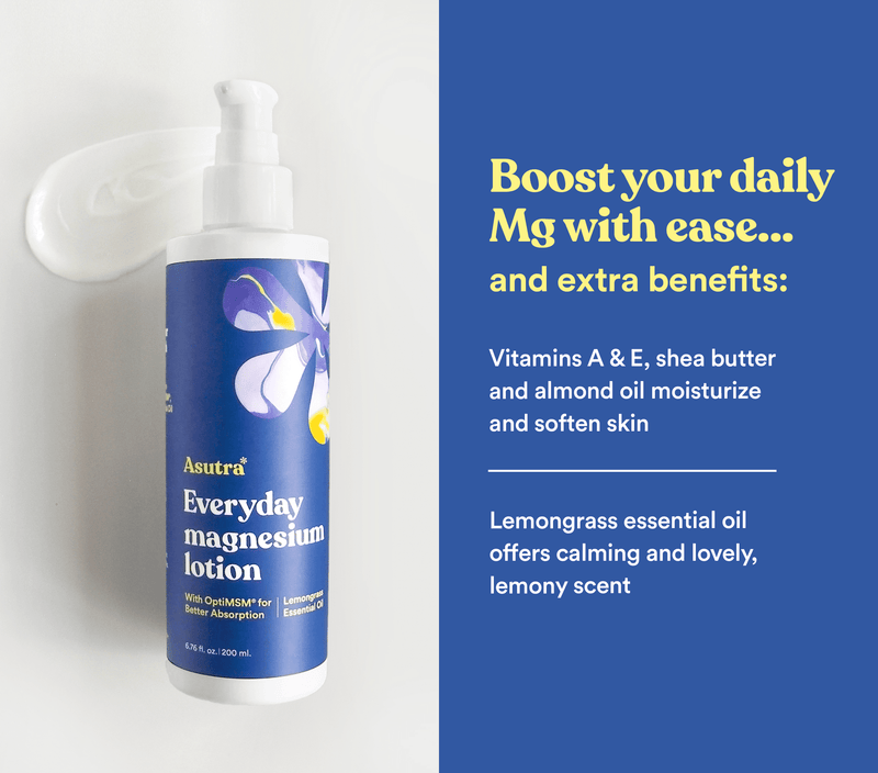 Bottle of Asutra Everyday Magnesium Lotion with a pump dispenser, showing a blue label with a flower design and product details.