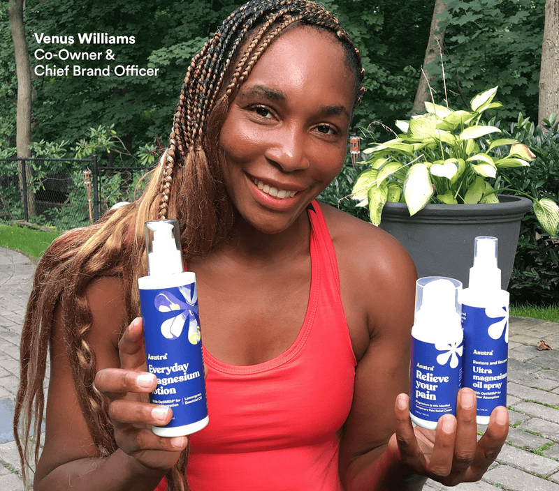 Woman outdoors holding bottles of magnesium lotion and spray, promoting relief and recovery products.