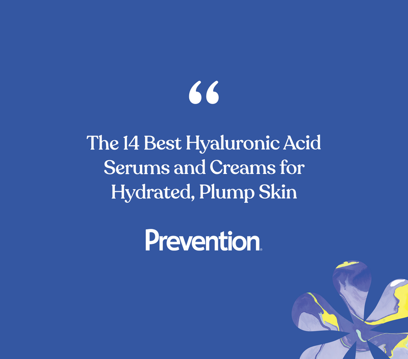Blue background with white text promoting the 14 best hyaluronic acid serums and creams for hydrated, plump skin.