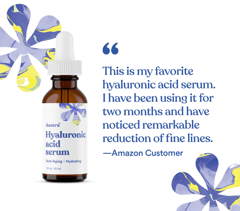 A brown glass dropper bottle of Asutra Hyaluronic Acid Serum with a white label, surrounded by blue and yellow floral illustrations.