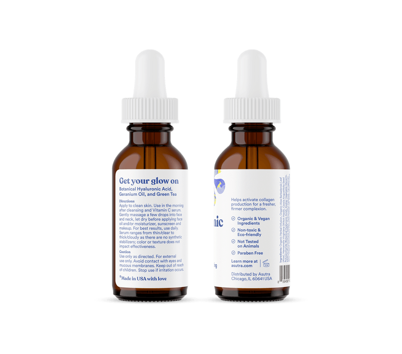 Amber glass dropper bottles of hyaluronic acid anti-aging serum with white labels and droppers, featuring product details.