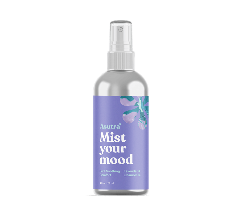 Aluminum lavender aromatherapy sleep spray bottle with a purple label, white spray nozzle, and floral design for relaxation.