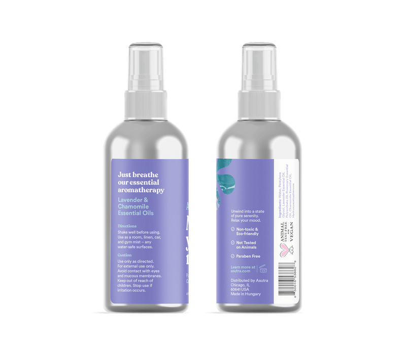 Aluminum lavender aromatherapy sleep spray bottle with a purple label, spray nozzle, and directions for use.