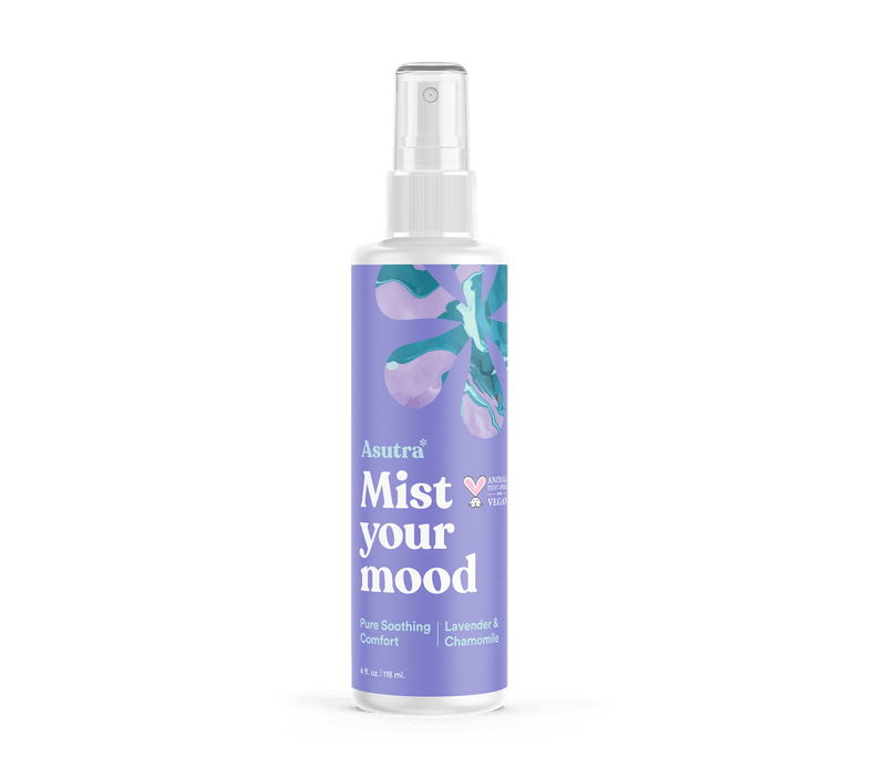 Front of a bottle of Asutra Mist Your Mood Pure Soothing Comfort Lavender Aromatherapy Mist.