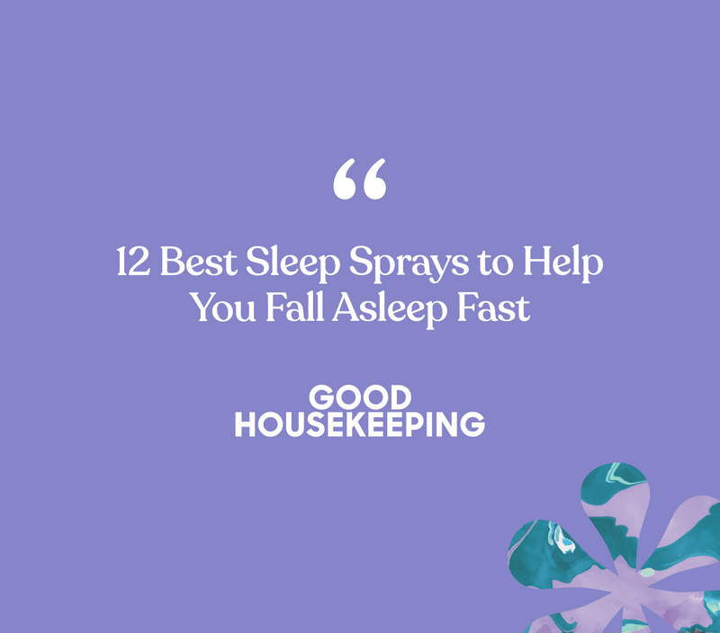 Lavender aromatherapy sleep mist and room spray on a purple background with a floral design, promoting better sleep.