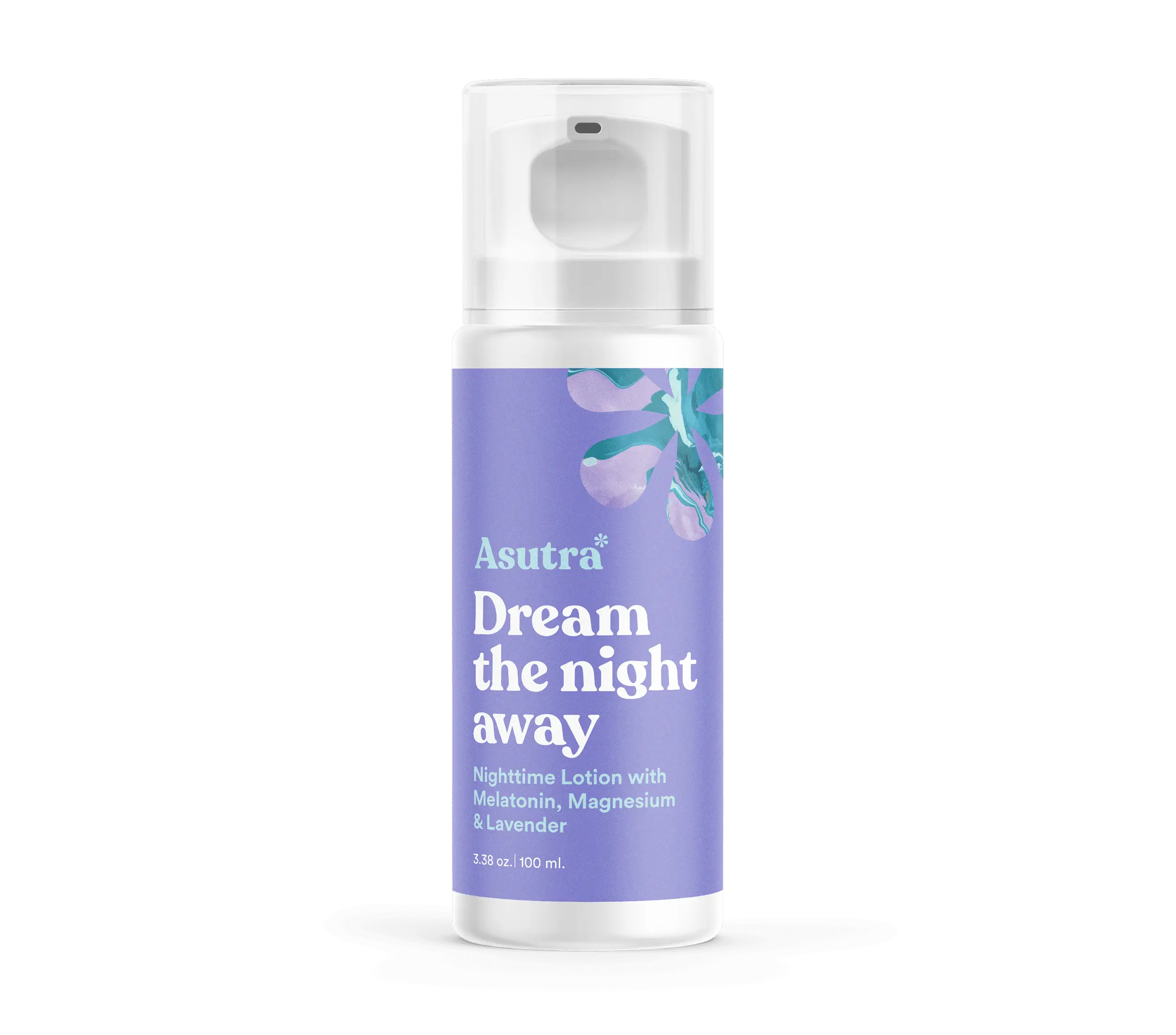 Lavender melatonin lotion with magnesium in a white bottle with purple label and floral design, designed for nighttime relaxation.