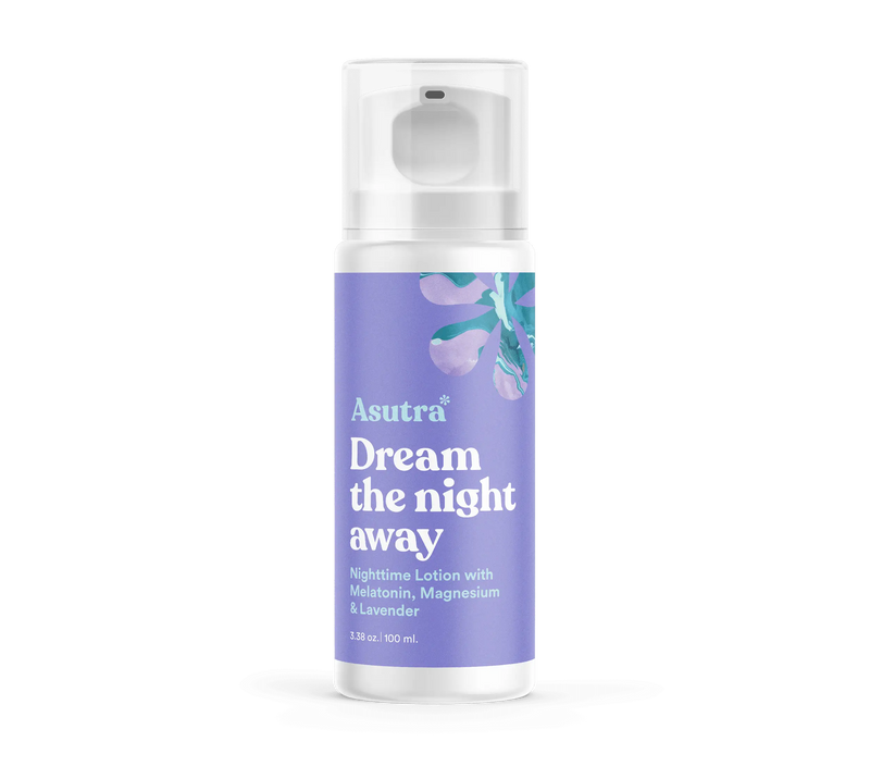 Lavender melatonin lotion with magnesium in a white bottle with purple label and floral design, designed for nighttime relaxation.
