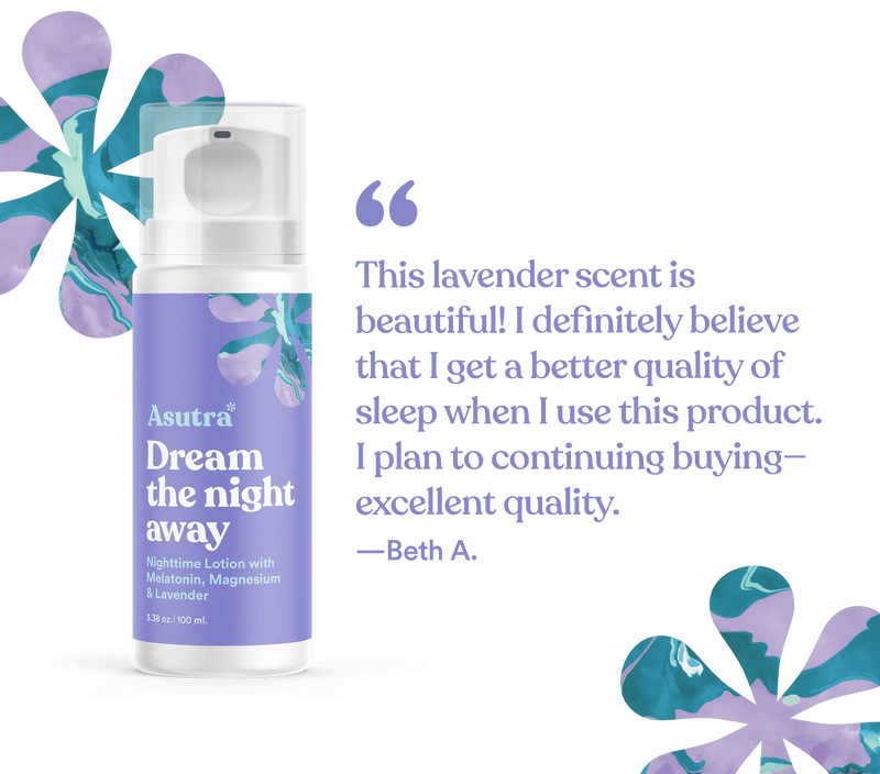 Lavender melatonin lotion with magnesium in a purple bottle, decorated with lavender and abstract floral designs.