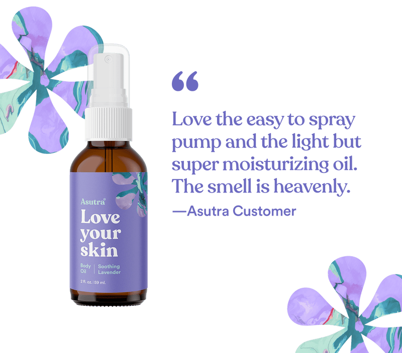 A brown spray bottle labeled "Love your skin" with a purple and lavender floral design, set against a black background.