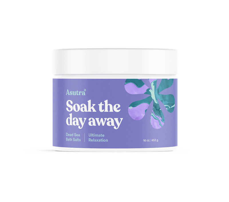 Lavender Ultimate Relaxation Bath Salts in a purple container with floral design, promoting soothing and stress relief.