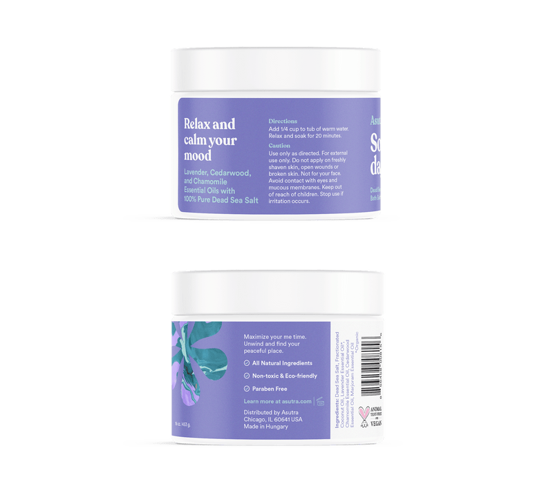 Jar of Lavender Ultimate Relaxation Bath Salts with lavender, cedarwood, chamomile, and sea salt for calming, soothing bath.