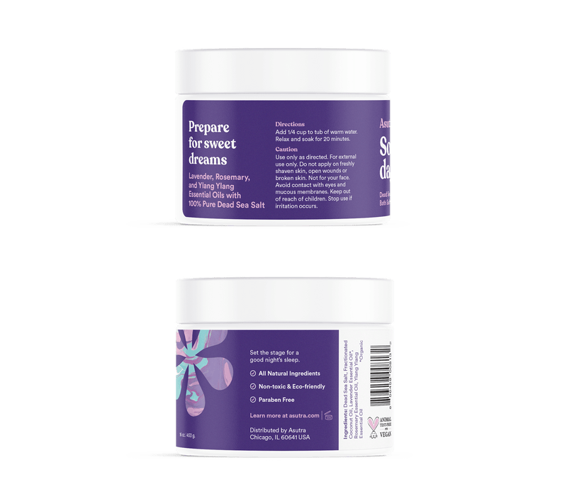 Container of Natural Sleep Therapy Bath Salts with lavender, rosemary, and ylang ylang essential oils, promoting relaxation.