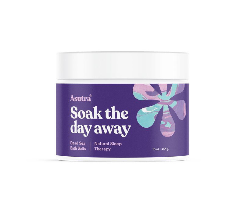 Container of Asutra Natural Sleep Therapy Dead Sea Bath Salts with purple label and abstract floral design, 16 oz (453 g).